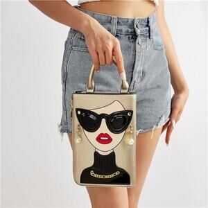 Women Golden Lady Face Shoulder Bags Funky Vegan Leather Top Handle Satchel